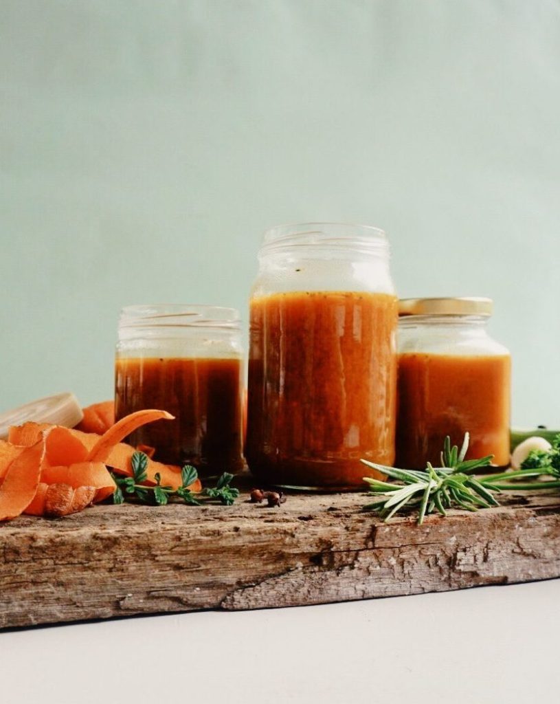 vegetable broth in 3 different jars
