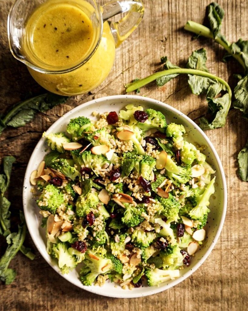 plate of brocolli salad and dressing