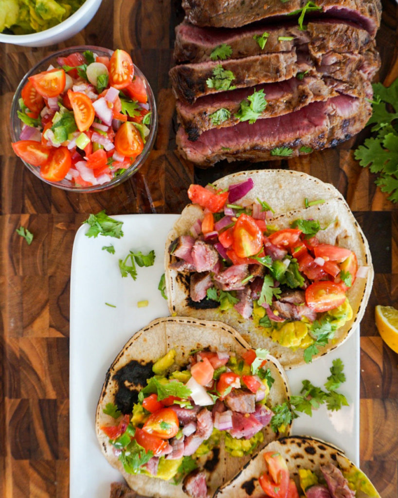 carne asada tacos with cherry tomato pico de gallo