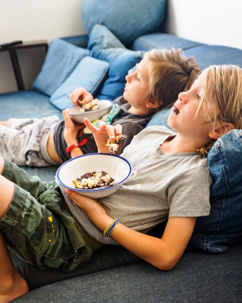 boys eating chocolate bark