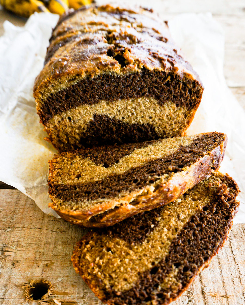 marbled banana bread sliced