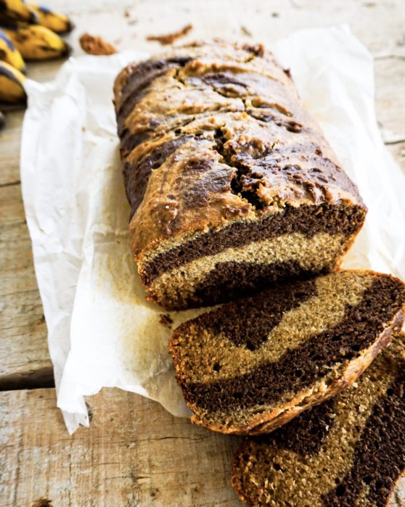 marbled banana bread sliced