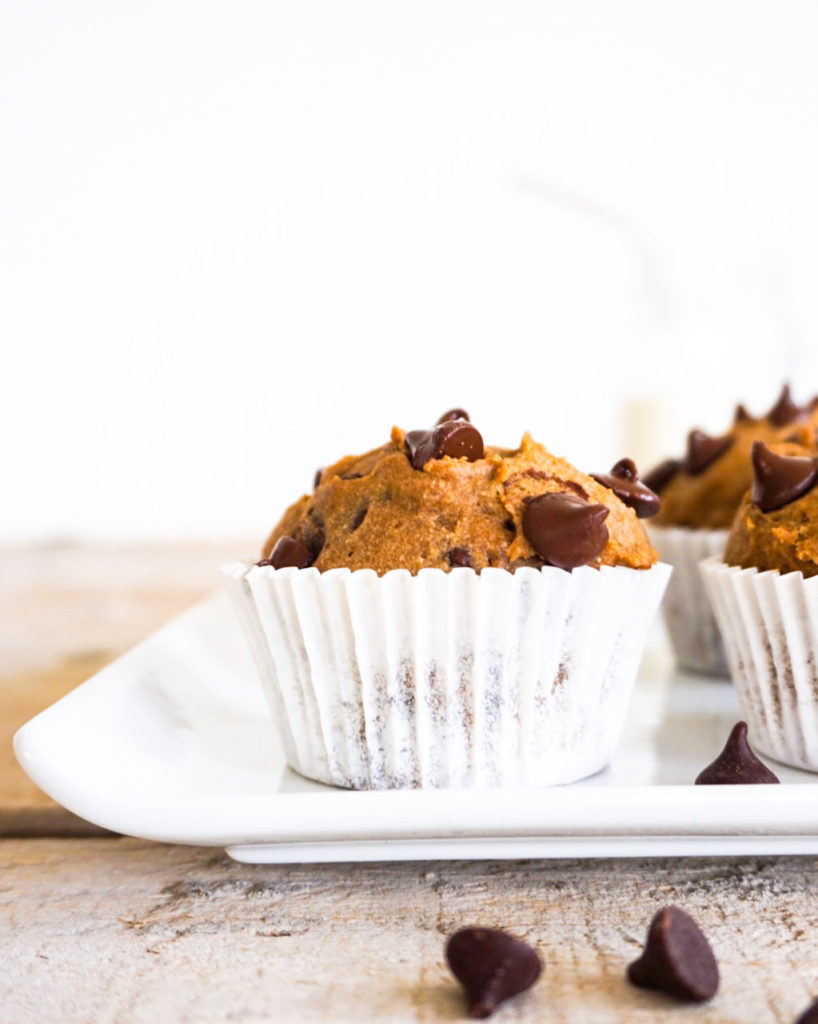 chocolate studded muffins on a serving tray