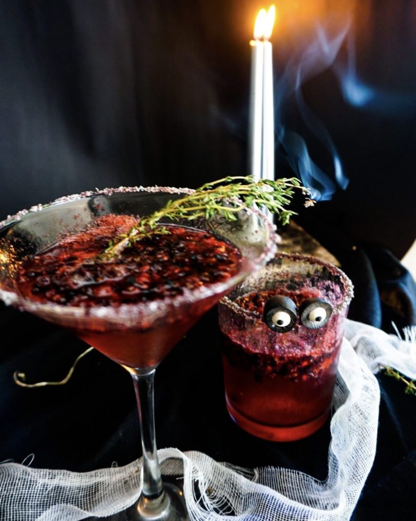 Two Halloween drinks; an alcoholic version and a mocktail