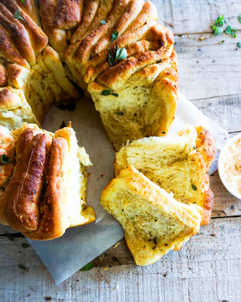 Garlic bread wreath pulled apart