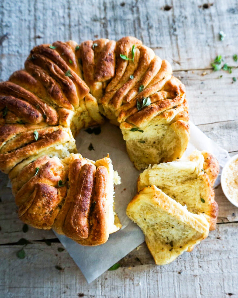 Garlic bread wreath pulled apart