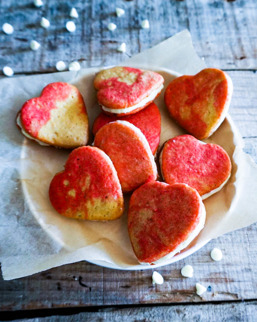 Marbled Valentine heart sandwich cookies with white chocolate ganache
