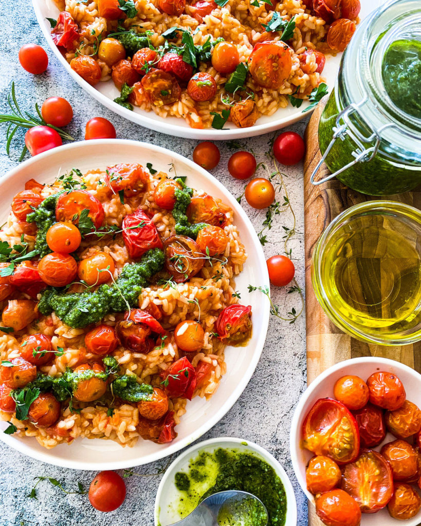 vegan roasted cherry tomato risotto with peppermint pesto