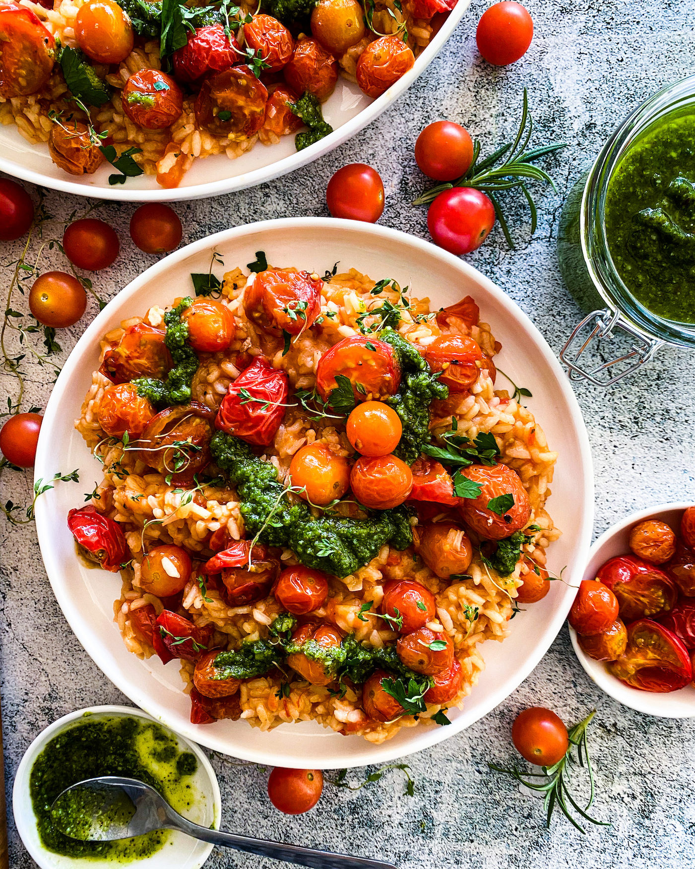 roasted cherry tomato risotto with peppermint pesto