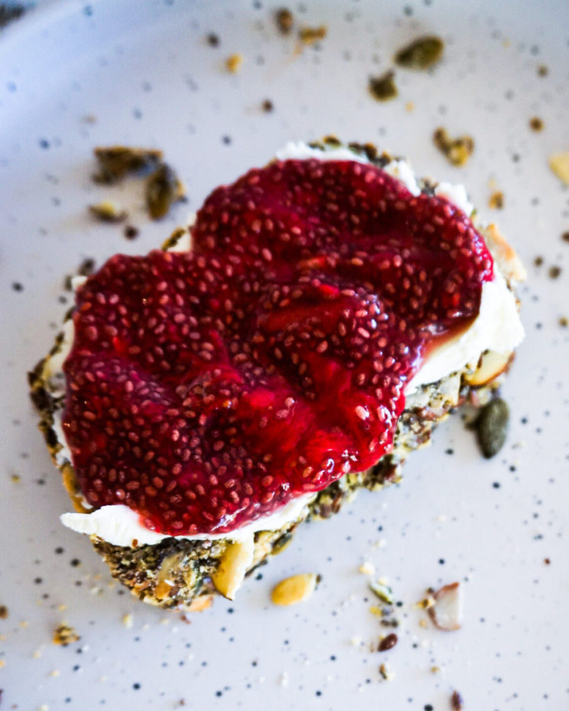 A slice of bread with strawberry chia jam