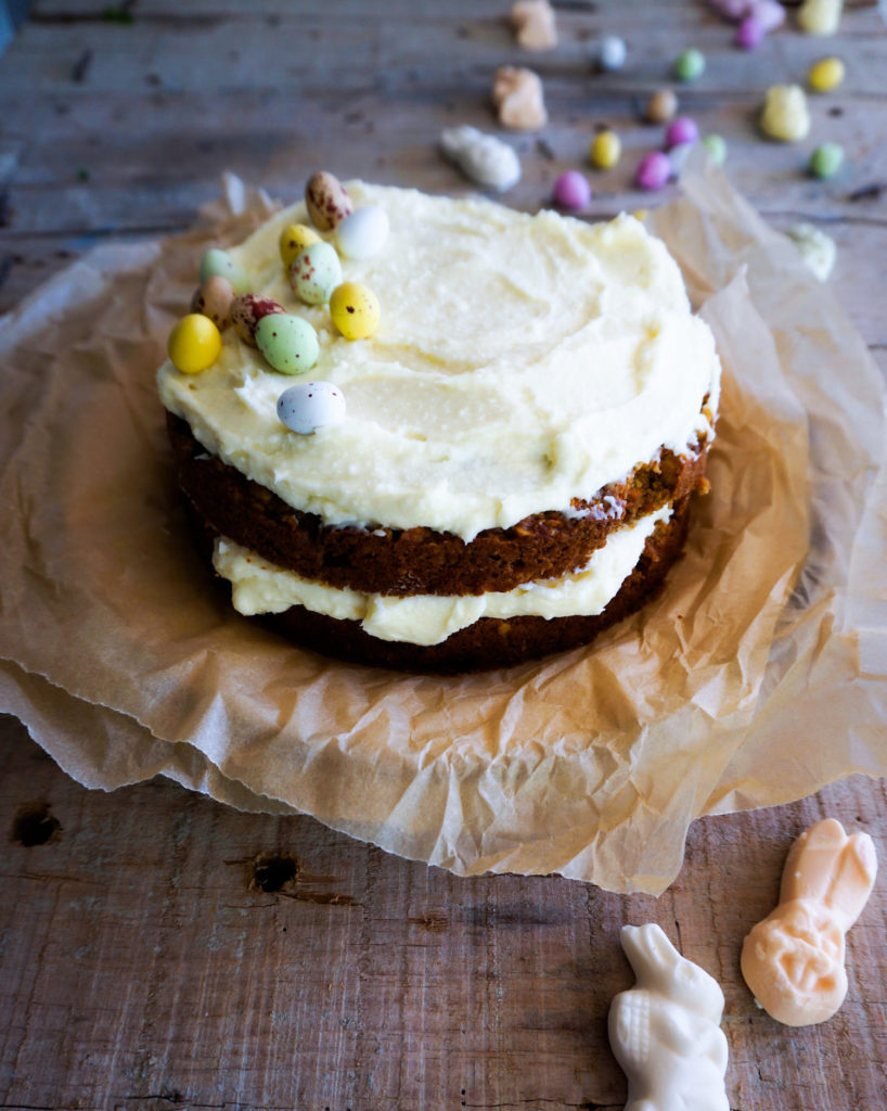 Carrot cake with Easter eggs and bunnies