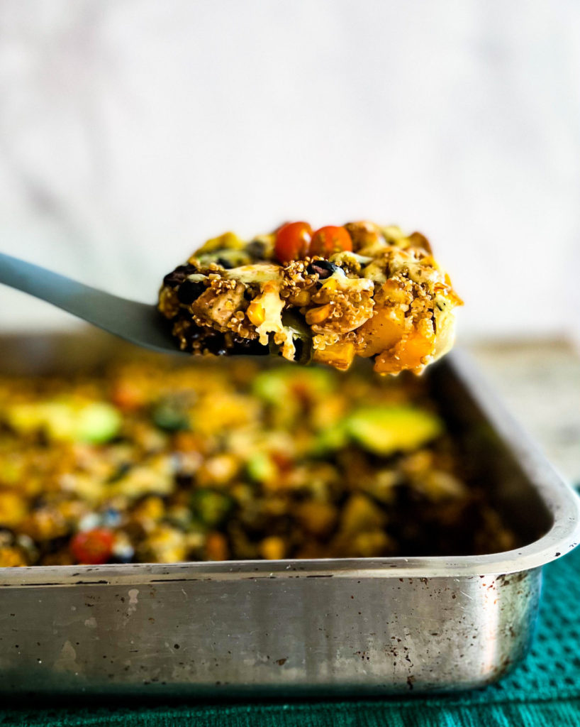 a serving of quinoa butternut squash enchilada bake