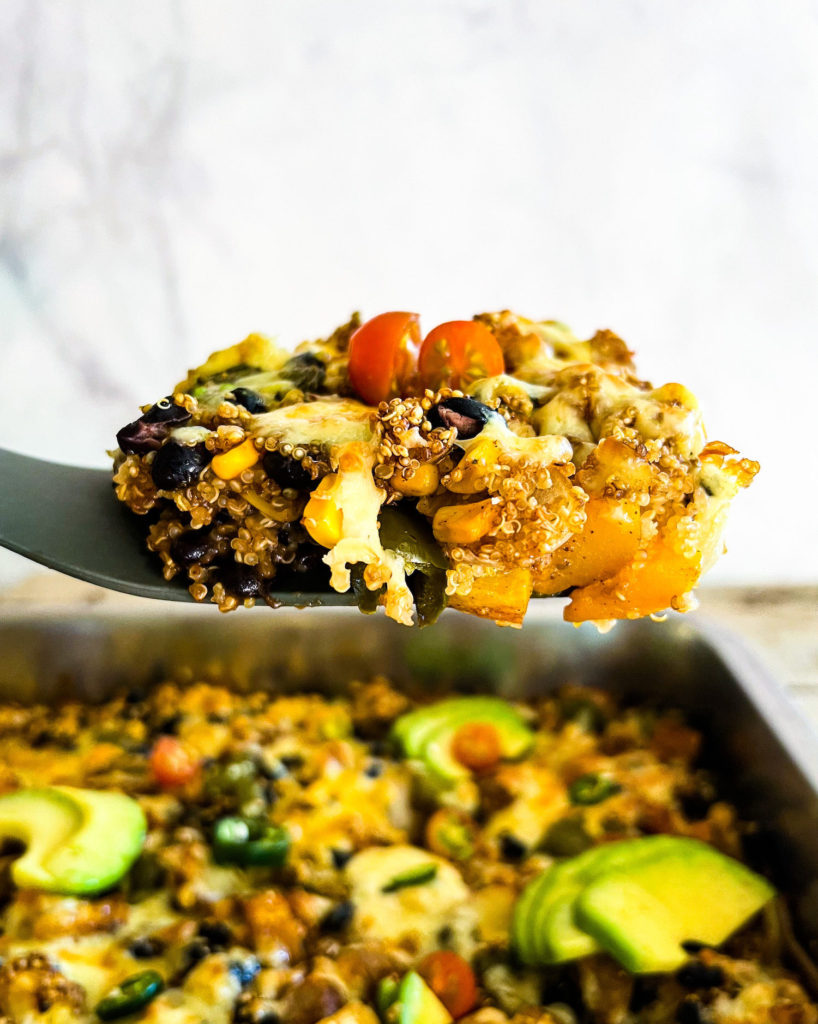 a serving of quinoa butternut squash enchilada bake