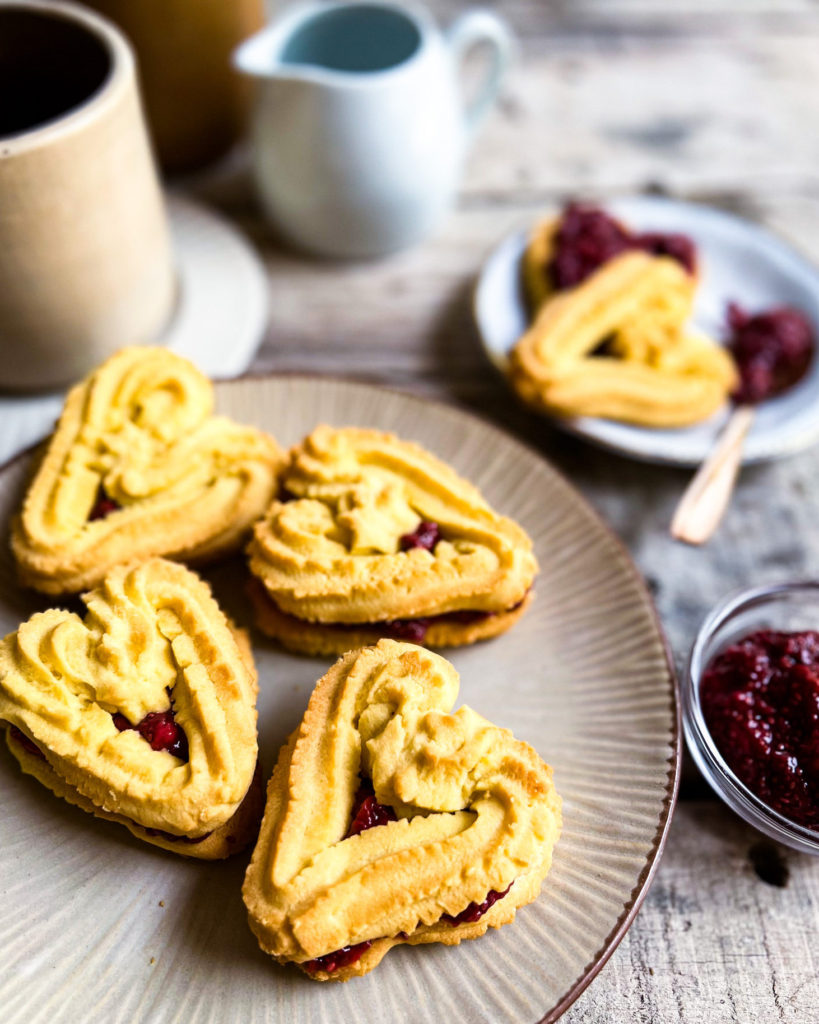 plate of heart shaped swirl cookies