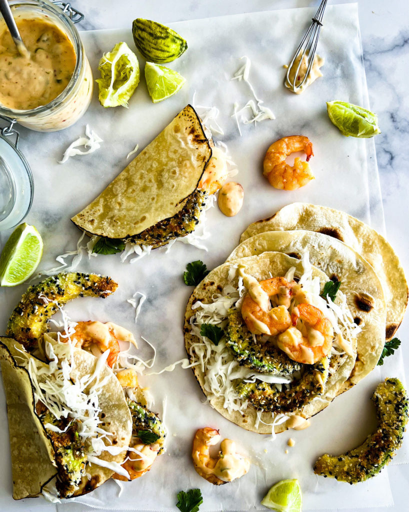 Sesame panfried avocado and shrimp tacos