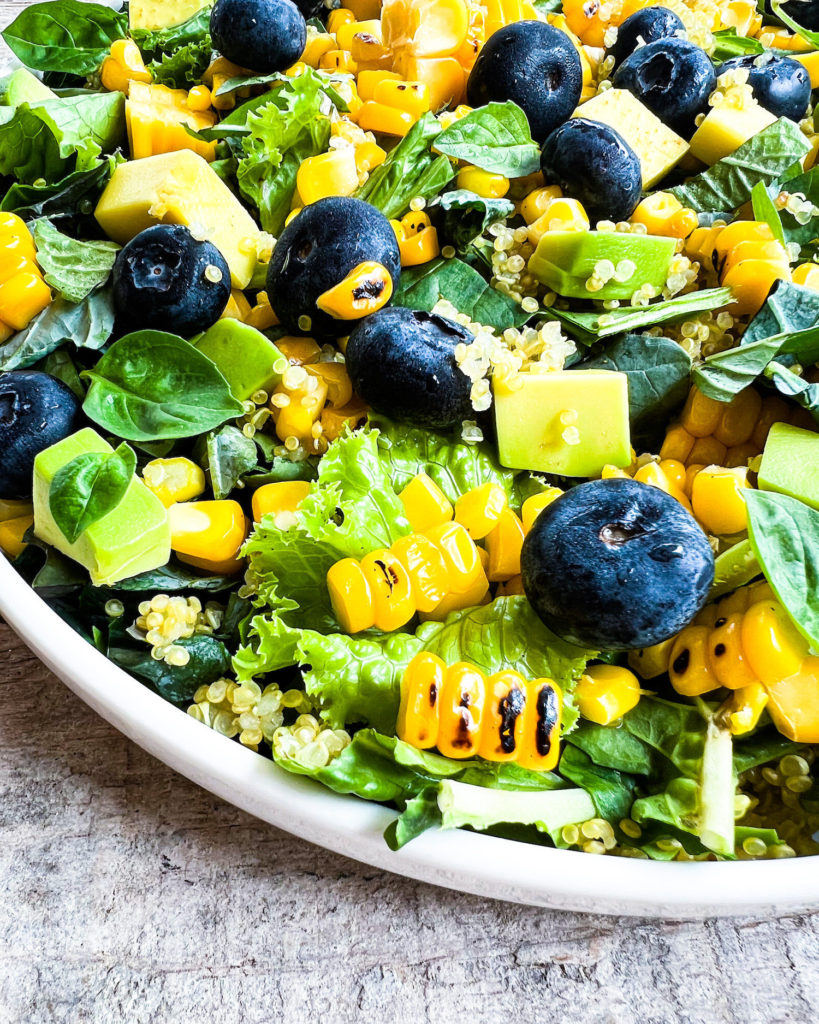 Blueberry and grilled sweet corn summer salad close up