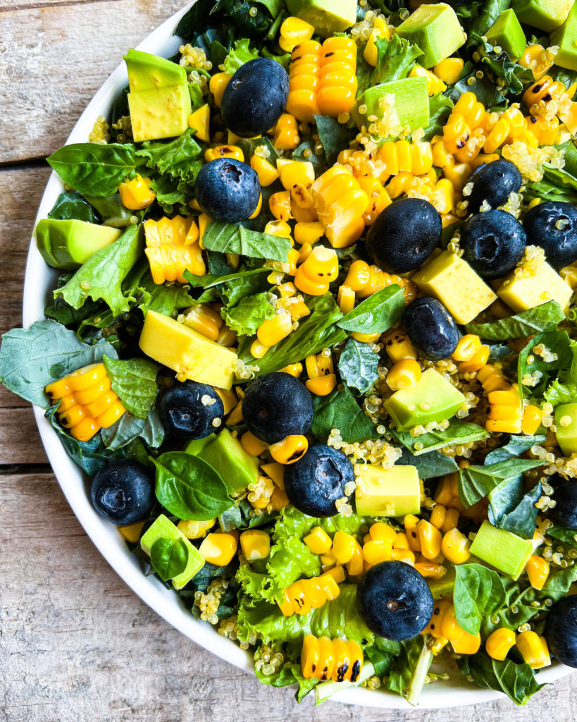 Close up blueberry and grilled sweet corn summer salad