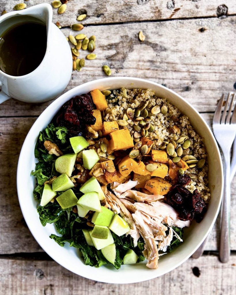 fall harvest bowl with dressing on the side