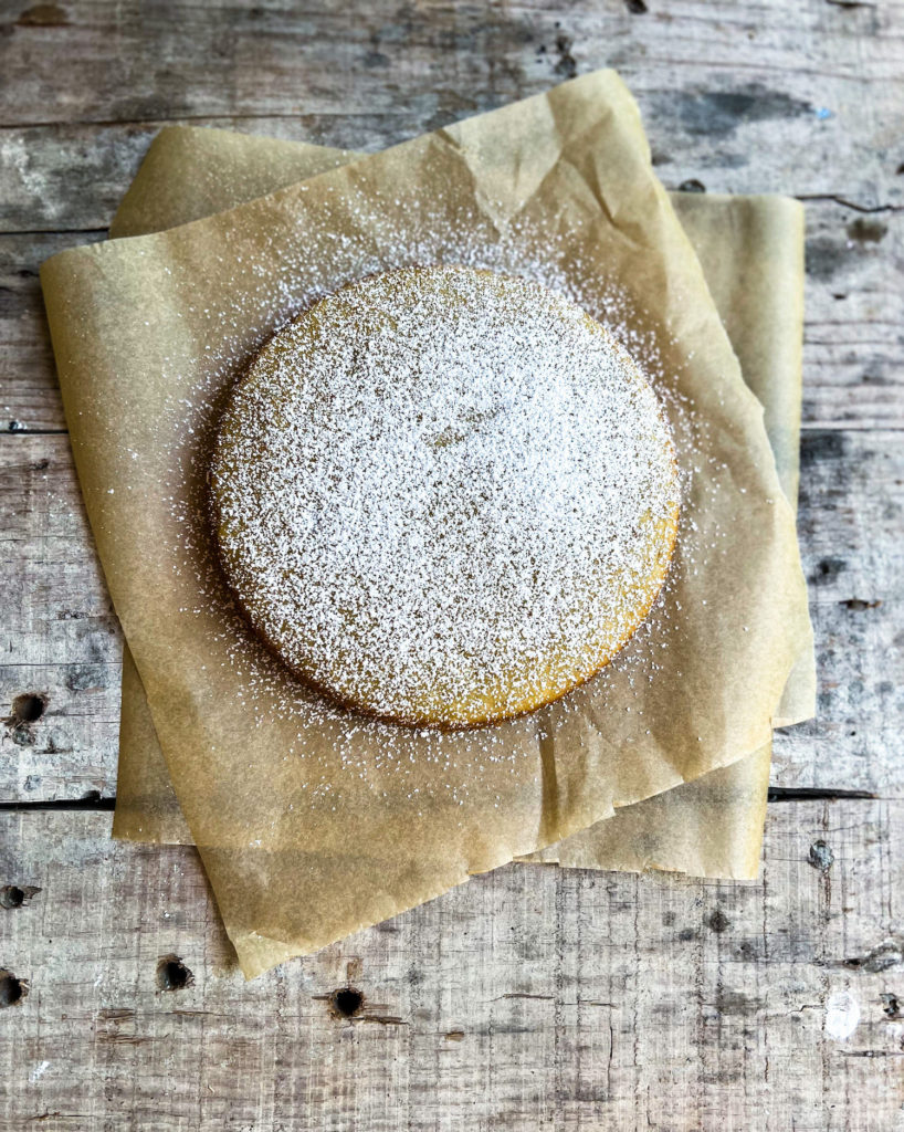 olive oil orange cake dusted with powdered sugar