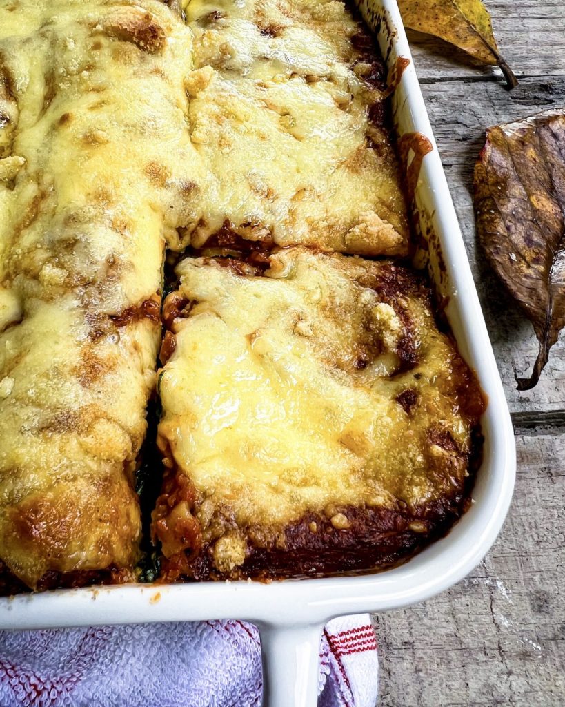 Pumpkin lasagna just out of the oven close up