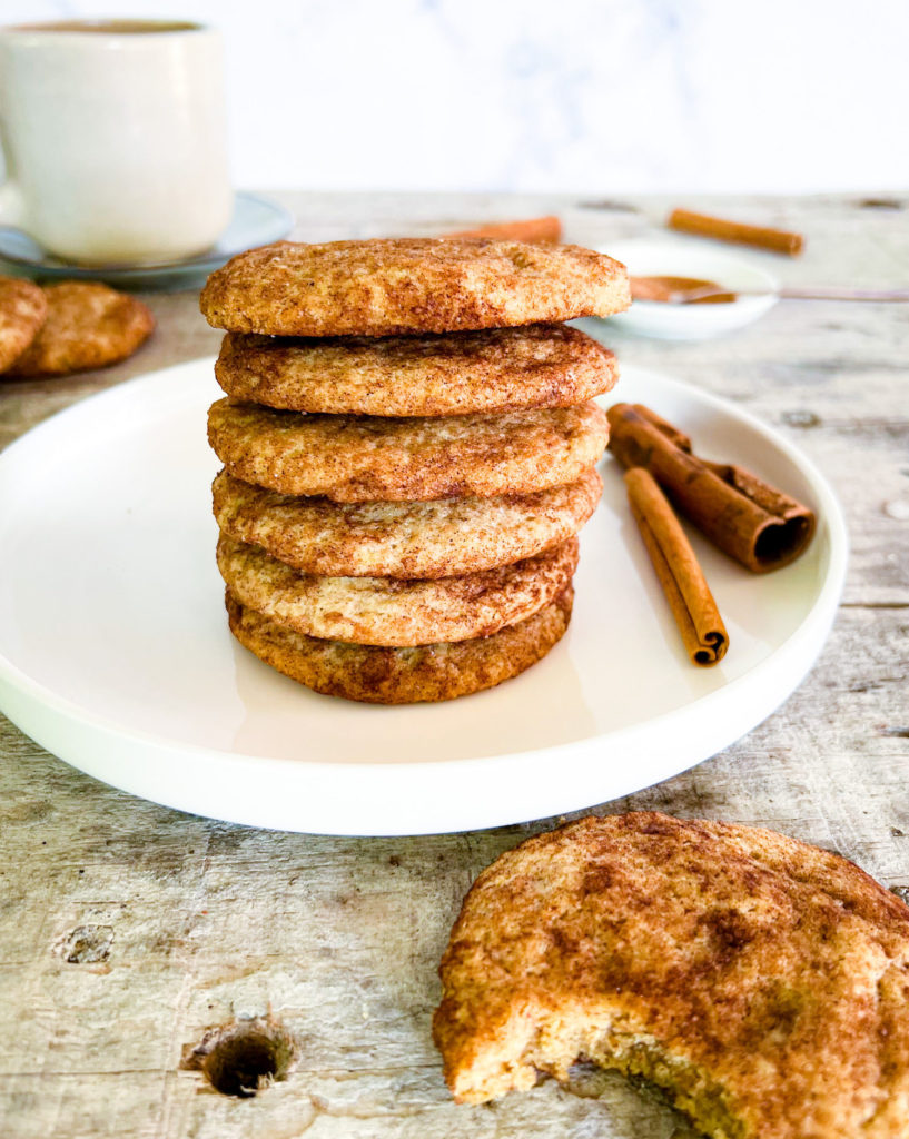 close up of a stack of snickerdoodle cookies