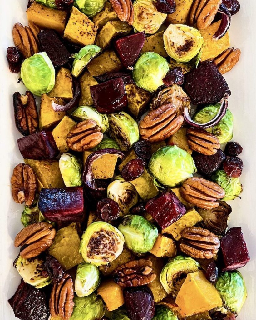 roasted fall vegetables with cranberries and pecans