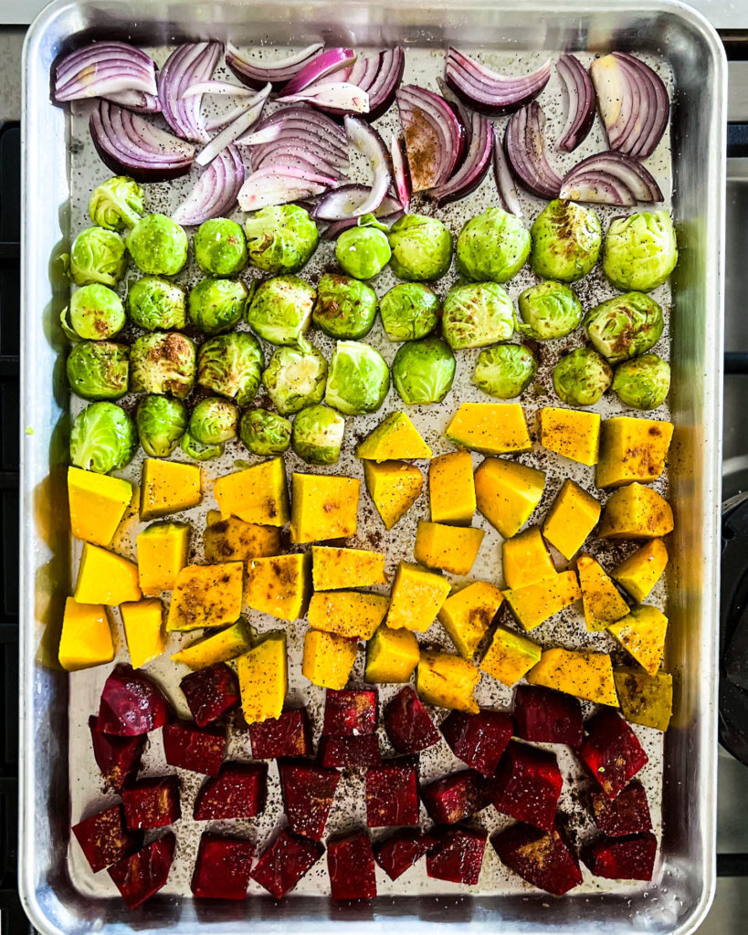 vegetables ready to be roasted on a baking tray