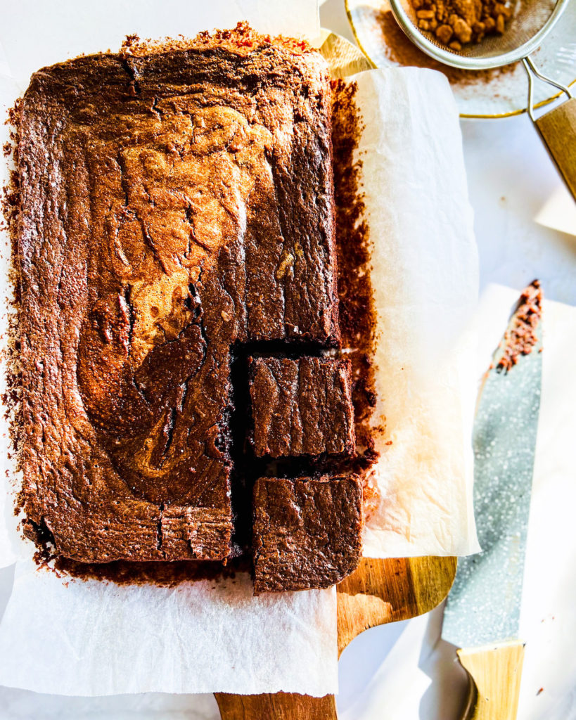 two pieces cut out of the brownie