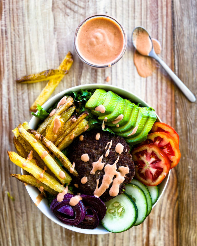 burger and fries bowl with burger sauce