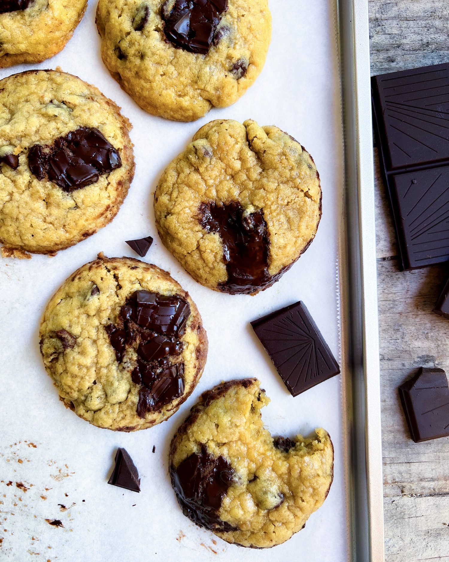 A tray of cakey chocolate chip cookies