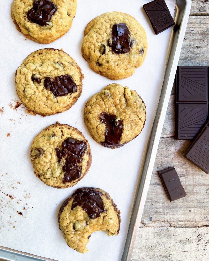 A tray of cakey chocolate chip cookies