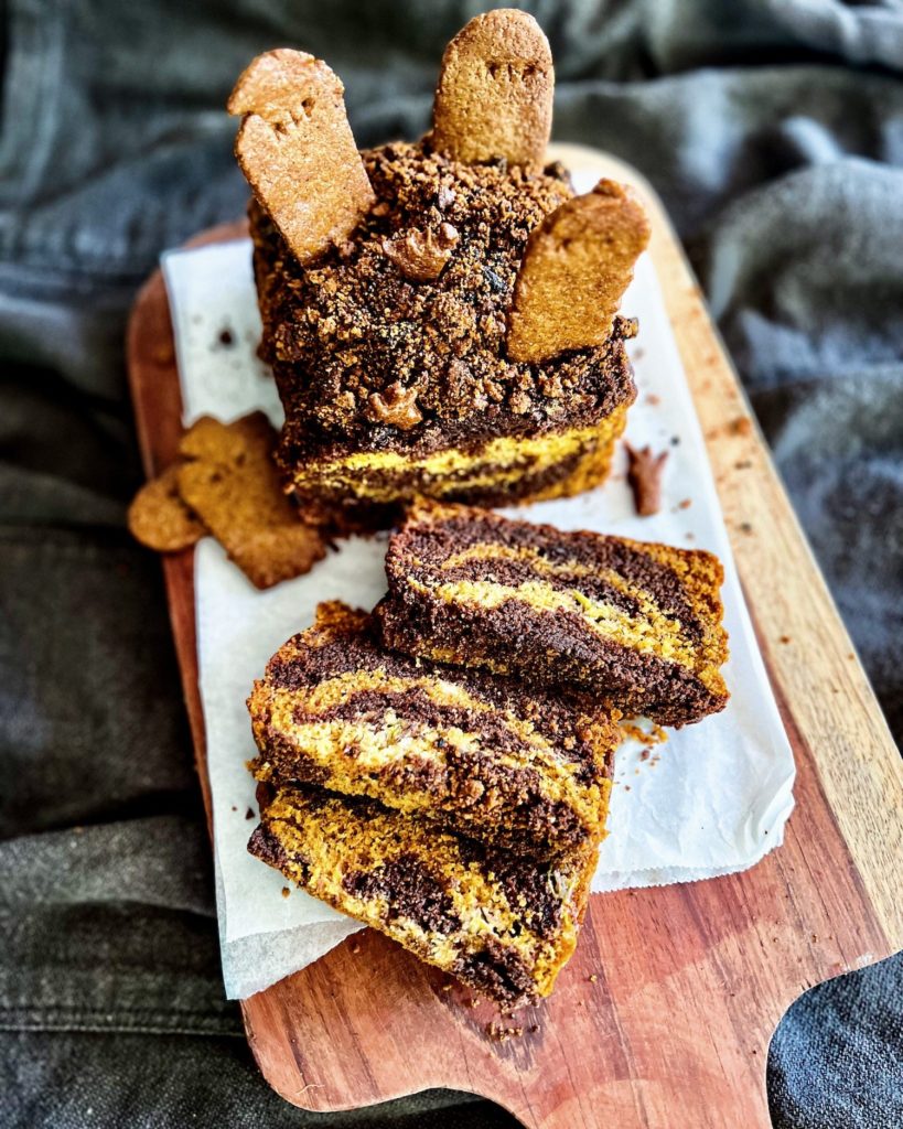sliced marbled banana bread with cookie crumb soil and gravestones