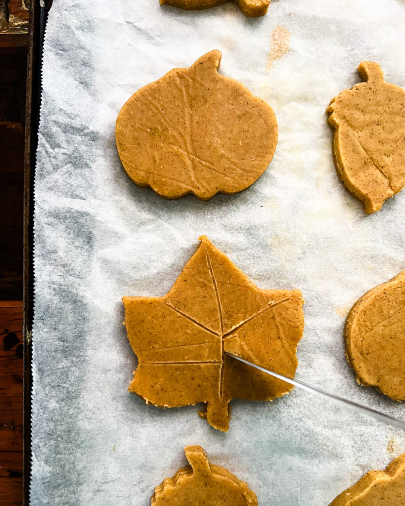 imprinting veins on a leaf shaped cookie