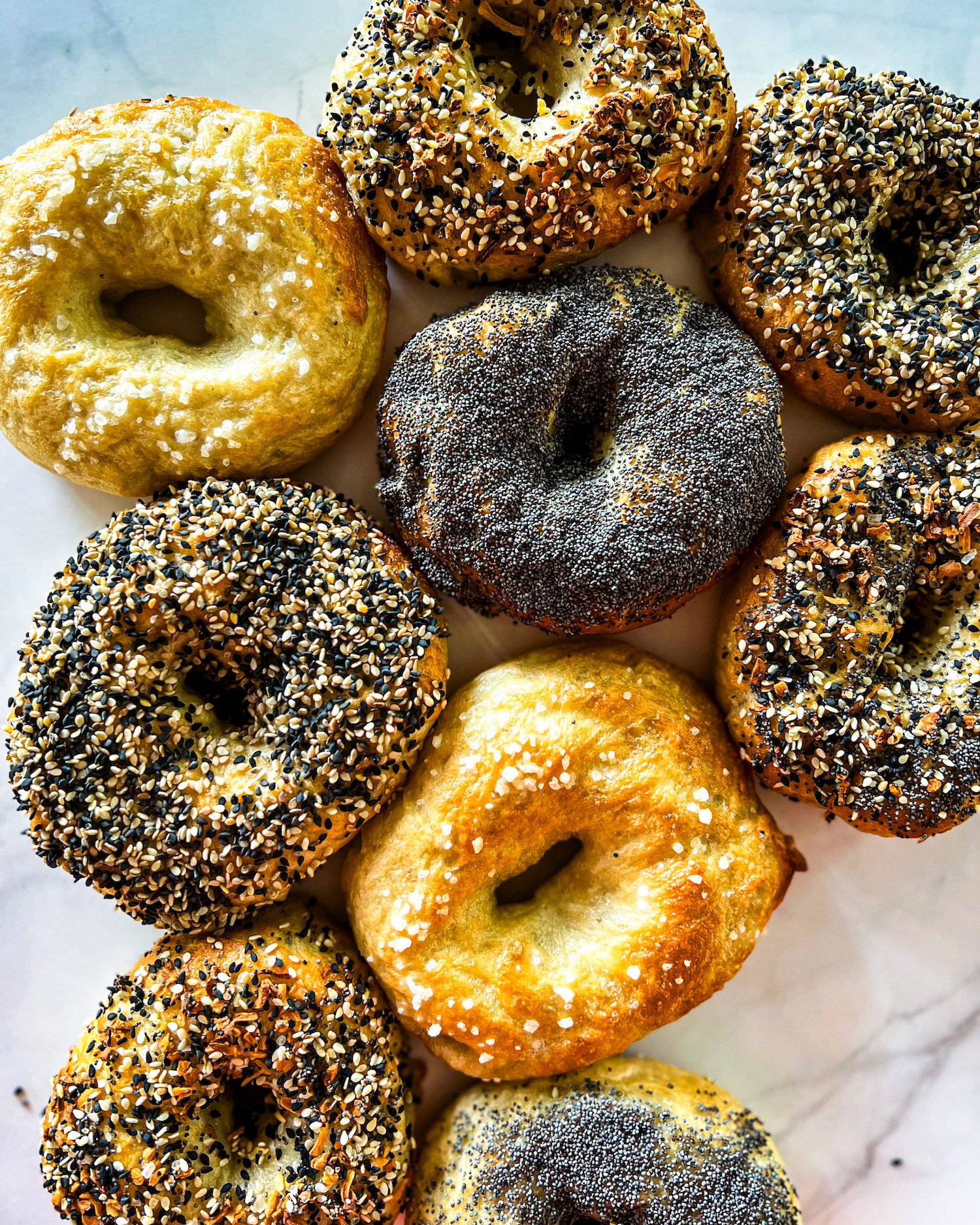 All types of bagels close up